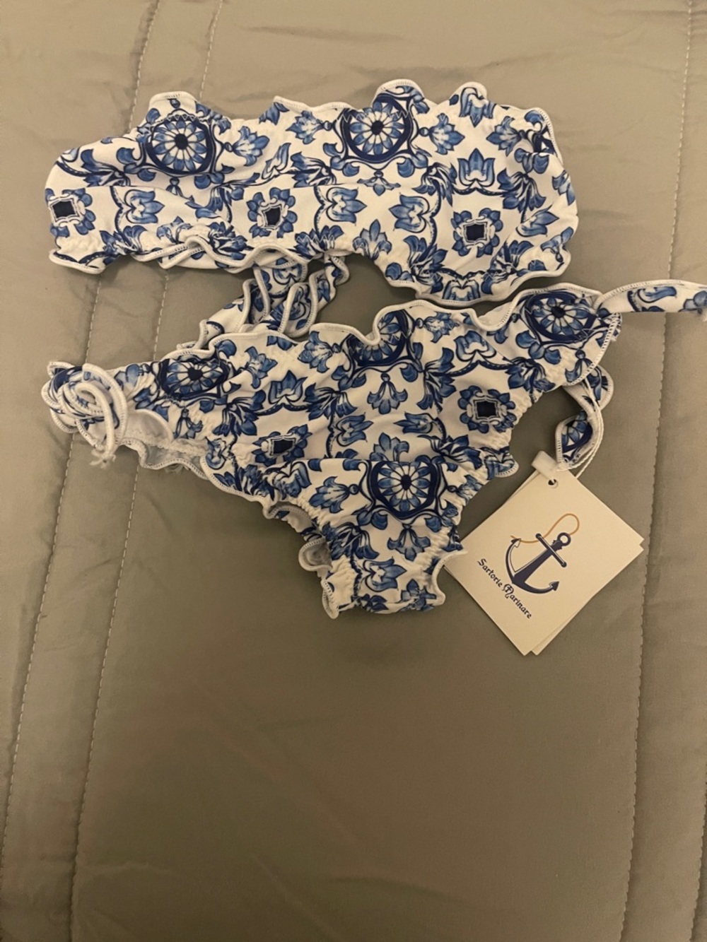 Seafolly White Bikini with Blue Floral Tile Print